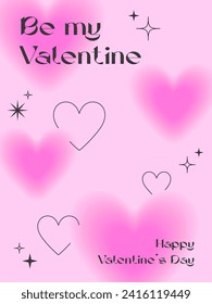 Valentines Day greeting poster template in 90s style.Romantic vector illustrations in y2k aesthetic with linear shapes,blurred hearts,sparkles.Modern design for smm,invitations,prints,promo offers.