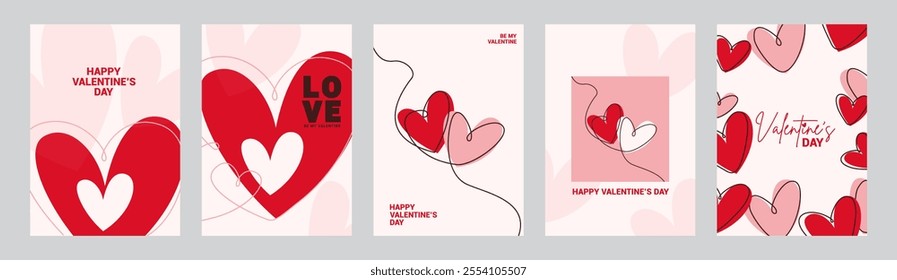 Valentine's day Greeting posters set in flat red and pink paper hearts background. Cute simple and love sale banners or greeting cards templates and social media post.