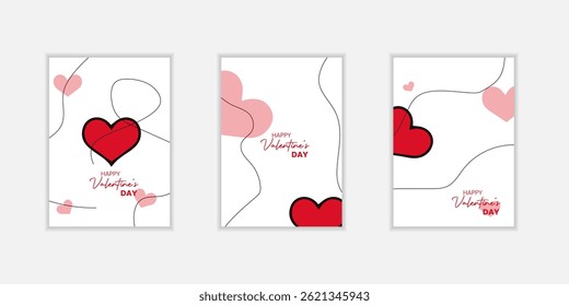 Valentine's day Greeting posters set in flat red and pink paper hearts background. Cute simple and love sale banners or greeting cards templates and social media post.