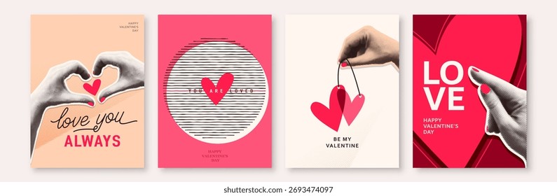 Carteles de saludo del día de San Valentín sobre fondo de Vector. Ilustración con las manos de papel recortadas, corazones, texto de la invitación del saludo. Concepto de collage de amor retro en estilo moderno simple.