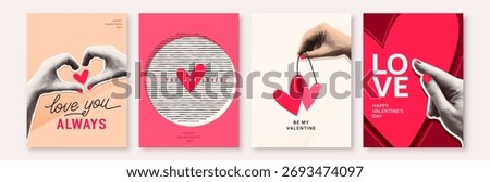 Valentines day greeting posters set vector background. Illustration with cut out paper hands, hearts, greeting invitation text. Retro love collage concept in simple modern style.