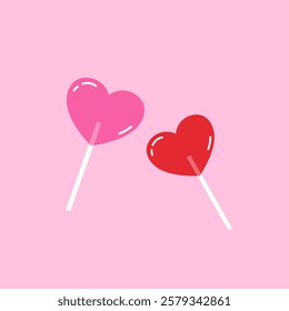 Valentine's day Greeting posters. Sweets molded heart of candies on pink background. Simple hand drawn heart lollipops. 
