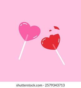 Valentine's day Greeting posters. Sweets molded heart of candies on pink background. Simple hand drawn heart lollipops. 
