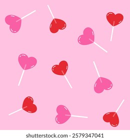 Valentine's day Greeting posters. Sweets molded heart of candies on pink background. Simple hand drawn heart lollipops. 
