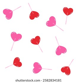 Valentine's day Greeting posters. Sweets molded heart of candies on pink background. Simple hand drawn heart lollipops. 
