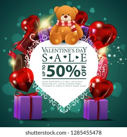 Valentine's Day greeting red card template with heart and chocolate candy