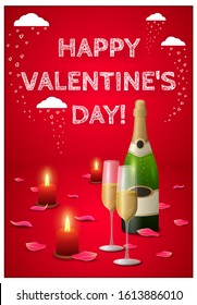 Valentine's day greeting red card with bottle of champagne, glasses, petals and candles.