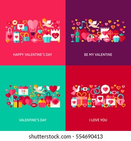 Valentines Day Greeting Set. Flat Design Vector Illustration. Collection of Love Holiday Posters.