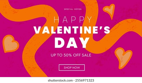 Valentine's Day Greeting Template. Retro Style Abstract Patterns for Advertising, Social Media, Posters, Banners, and Covers. Creative Art with Hearts and Geometric Background. Sale Offer 50%.  