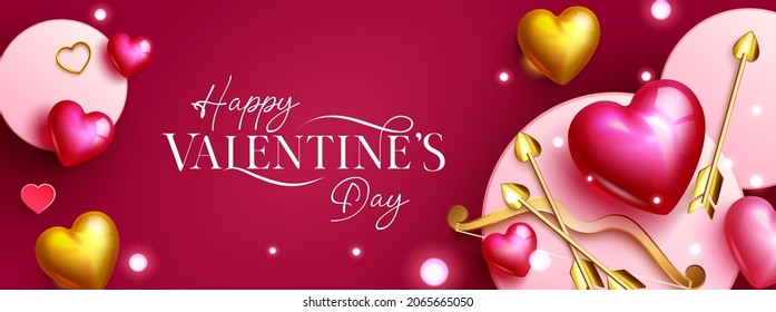 Valentines Day Greeting Vector Background Design. Happy Valentine's Day Text With Hearts, Bow And Arrow Valentine Elements For Romantic Celebration Banner Decoration. Vector Illustration.
