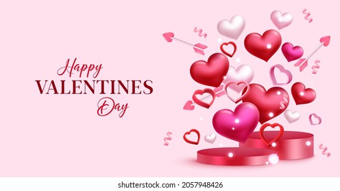 Valentines day greeting vector design. Happy valentine's day typography text with floating hearts in pink podium and space for valentine celebration decoration elements. Vector illustration.
