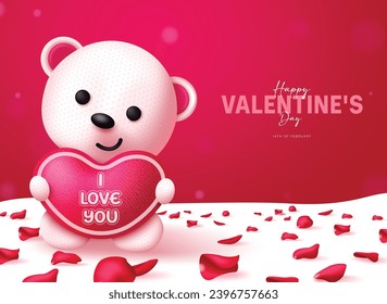 Valentine's day greeting vector design. Happy valentine's day greeting text with teddy bear stuffed toy for romantic gift elements for love celebration. Vector illustration hearts day invitation card.