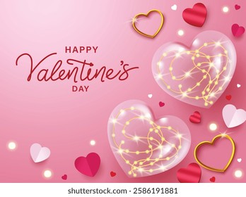 Valentine's day greeting vector design. Happy valentine's day text in pink background with cute hearts element for valentine card messages. Vector illustration.
