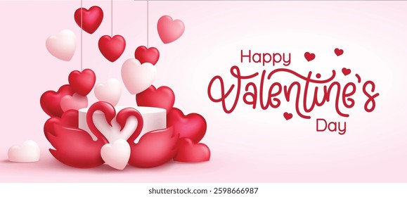 Valentines day greeting vector design. Happy valentine's day typography text with swan lovers element and hanging hearts background for romantic decoration. Vector illustration.
