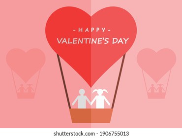 Valentine's Day greeting with a vector image of a couple riding a heart-shaped hot air balloon, with a flat paper design style