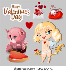 Valentine's day greeting vector set. Cupid girl with white hair and a golden bow, heart, cute kitten, sleeping kitten on pillow, envelope, arrow, wind. Isolated