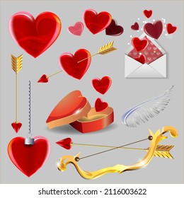 Valentine's day greeting vector set. Cupid golden bow, heart, heart box, envelope, arrow, wind. Isolated