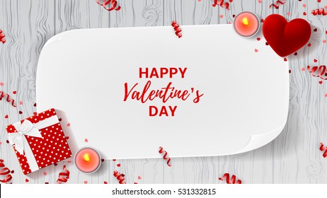 Valentine's Day greeting web banner. Top view on romantic composition with gift box and red case for ring. Beautiful backdrop with greeting card and candles on wooden texture. Vector illustration.