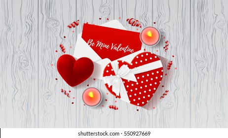 Valentine's Day greeting web banner. Top view on composition with gift boxes and red case for ring. Beautiful backdrop with confetti and serpentine on wooden texture. Vector illustration.