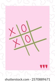 Valentine's Day greeting сard with XOXO. Tic-Tac-Toe Vector Illustration with red and pink heart shapes, green grid. Holiday postcard, banner in minimalist and hand-drawn flat styles pink background