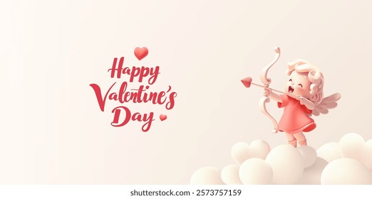 Valentine's Day greetings. 3D cheerful cupid in the clouds shooting arrows of love. Calligraphic text. Cheerful banner. Vector