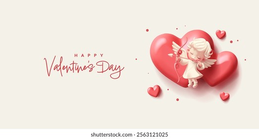 Valentine's Day greetings. 3D cupid character with bow and arrow, red hearts. Modern banner for love concepts. Vector