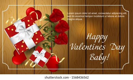 Valentines day greetings banner with space for text for postcard design decoration gift boxes flowers three roses hearts top view vector EPS 10