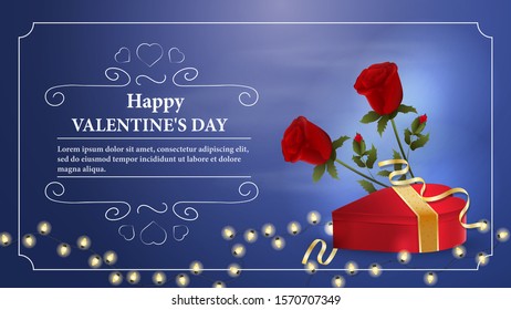 Valentines day greetings banner with space for text for postcard design decoration heart shaped gift box flowers roses garland of light bulbs vector EPS 10