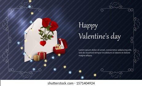 Valentines day greetings banner with space for text for postcard design envelope with roses box with wedding rings gift boxes garland vector EPS 10