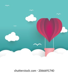 Valentines day greetings card with balloons flying with clouds vector.Heart hot air balloon flying.Love background.Cute paper cut design.posters,brochure,banners.Paper cut style. Space for your text