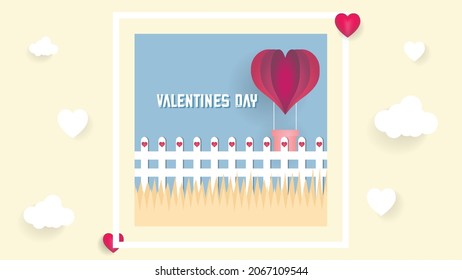Valentines day greetings card with balloons flying with clouds vector.Heart hot air balloon flying.Love background.Cute paper cut design.posters,brochure,banners.Paper cut style. Space for your text