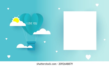 Valentines day greetings card with balloons flying with clouds vector.Heart hot air balloon flying.Love background.Cute paper cut design.poster,blank paper,gift box.Paper cut style.Space for your text