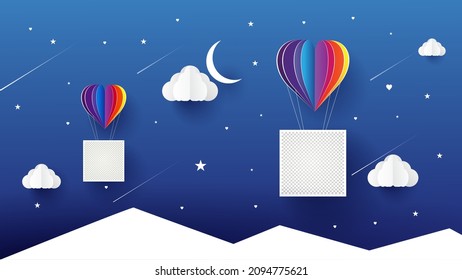 Valentines day greetings card with balloons flying with clouds vector.Heart hot air balloon flying.Love background.Cute paper cut design.poster,blank paper,gift box.Paper cut style.Space for your text