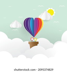 Valentines day greetings card with balloons flying with clouds vector.Heart hot air balloon flying.Love background.Cute paper cut design.posters,brochure,flower.Paper cut style.Space for your text.