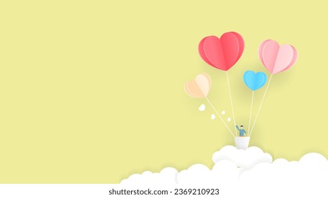 Valentinstag Grußkarte mit Ballons fliegen mit Wolken Vektorgrafik.Herz Heißluftballon fliegen.Love Hintergrund.Cute Papier schneiden Design.Poster, Broschüre, Geschenkbox.Papier Schneide Stil.Platz für Ihren Text.