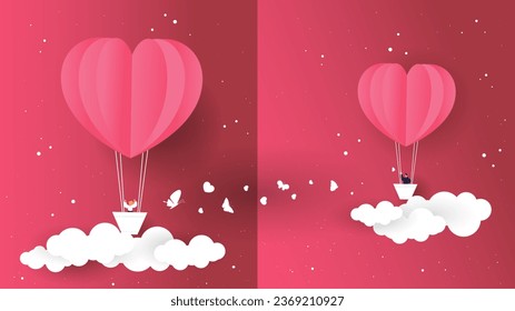 Valentines day greetings card with balloons flying with clouds vector.Heart hot air balloon flying.Love background.Cute paper cut design.posters,brochure,gift box.Paper cut style.Space for your text.