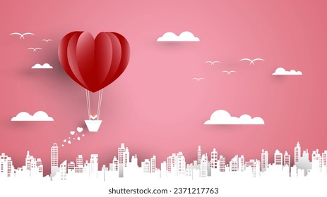 Valentines day greetings card with balloons flying with clouds vector.Heart hot air balloon flying.Love background.Cute paper cut design.posters,brochure,gift box.Paper cut style.Space for your text.