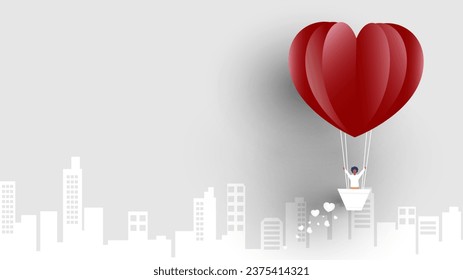 Valentines day greetings card with balloons flying with clouds vector.Heart hot air balloon flying.Love background.Cute paper cut design.posters,brochure,gift box.Paper cut style.Space for your text.