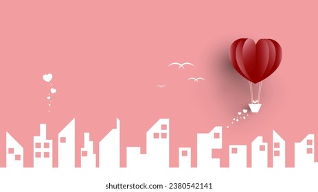 Valentines day greetings card with balloons flying with clouds vector.Heart hot air balloon flying.Love background.Cute paper cut design.posters,brochure,gift box.Paper cut style.Space for your text.