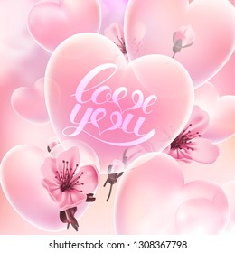 Valentines day greetings card. Light pink background with transparent bubbles, pink flowers and Love You lettering. Vector illustration.