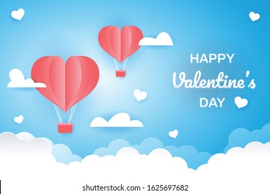 valentines day greetings card with pink heart balloons flying with clouds on blue sky background vector