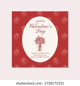 Valentine's day greetings with cherry pattern background. Vector illustration valentine invitation in red hand-drawn objects.