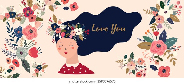 Valentines Day greetings illustration, posters, cards. Valentines day cards. Vector illustration of girl in love. Flyer, card, banner, brochure	