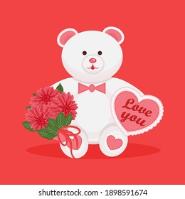 Valentine's Day Greetings. Vector image of a teddy bear with a heart and flowers. Teddy bear holds a heart with the inscription " I love you"
