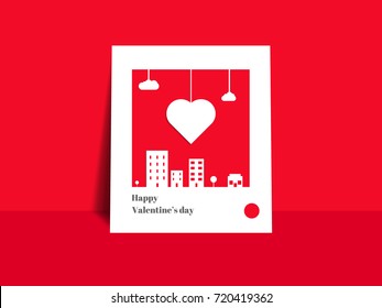 Valentine's day greetings.Illustration of greeting card Valentine's day with heart shape and clouds and buildings and text "Happy Valentine's day".