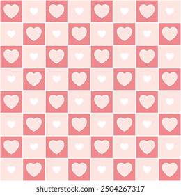 Fondo de la cuadrícula de San Valentín. Patrones sin costuras cuadrados y corazón dispuestos en líneas. Diseño lindo de la línea cruzada o del cheque del corazón para el partido, cumpleaños, tarjeta, envoltura, Fondo de pantalla, tarjeta, regalo de papel.