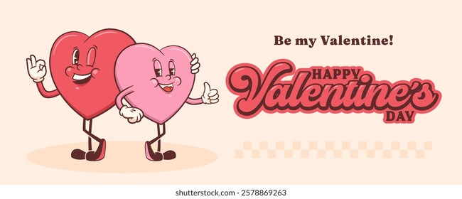 Valentines Day Groovy Heart Couple Retro Character Banner. Cartoon Love Holiday Personages. Vector Cute Valentine Mascot Template Background. Happy Vintage Cool Illustration. Isolated