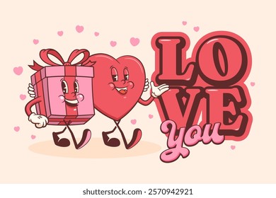 Valentines Day Groovy Heart Retro Character Banner. Cartoon Love Holiday Personage Greeting Card. Vector Cute Valentine Mascot Template Background. Happy Vintage Cool Illustration. Isolated