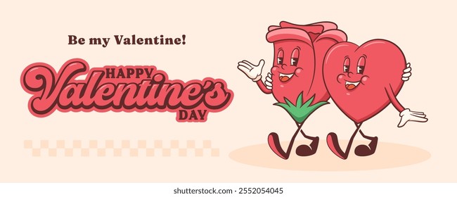 Valentines Day Groovy Heart and Rose Bud Flower Retro Character Banner. Cartoon Love Holiday Personages. Vector Cute Valentine Mascot Template Background. Happy Vintage Cool Illustration. Isolated