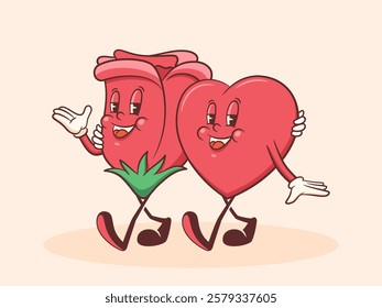Valentines Day Groovy Heart and Rose Bud Flower Retro Characters Illustration. Cartoon Love Holiday Personages. Vector Cute Valentine Mascot Template Background. Happy Vintage Cool Drawing. Isolated